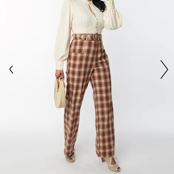 Unique Vintage Pants - Unique Vintage S/4 Plaid Brown & Orange Ginger Flare Pants with detachable belt